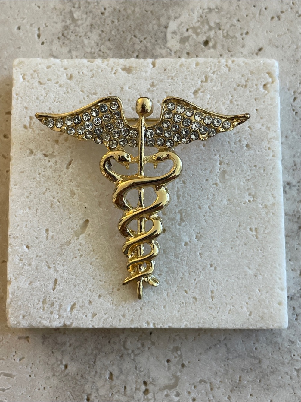 Gold Caduceus Pin with Rhinestone Wings